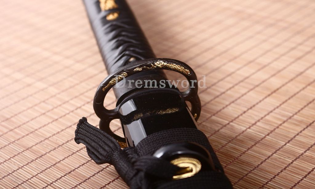 T10 Steel Clay Tempered Ninjato Japanese Ninja Chokutō Sword KAMASU Kissaki Shinogi Zukuri Full Tang Black.