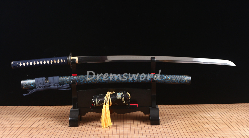 T10 Steel Clay Tempered Katana Japanese Samurai Functional Sword Real Hamon Blue Shinogi Zukuri Full Tang