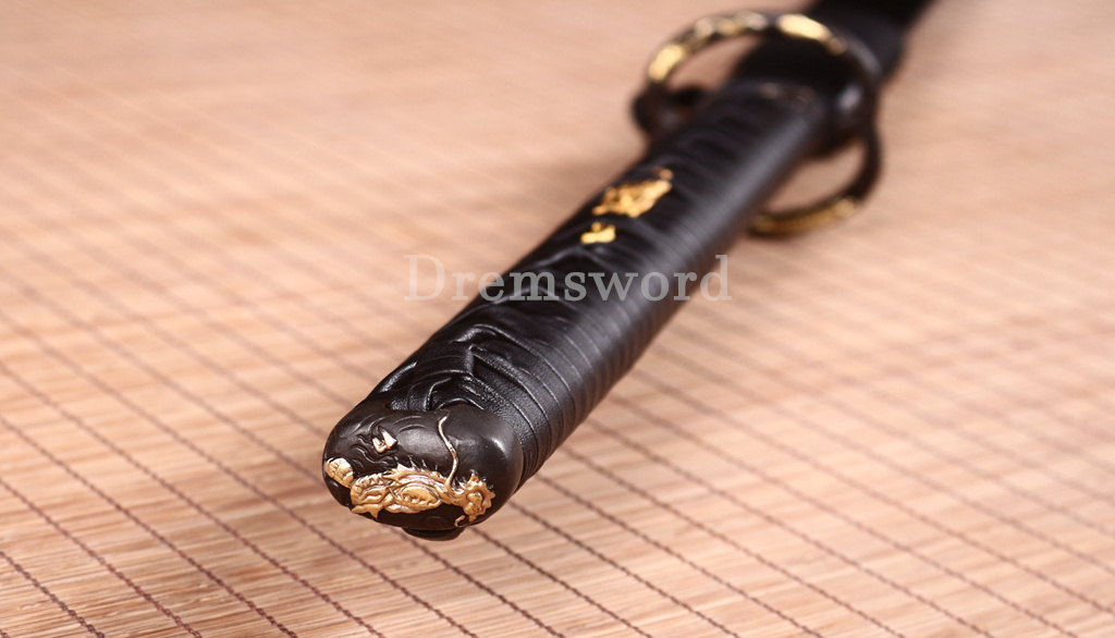 T10 Steel Clay Tempered Ninjato Japanese Ninja Chokutō Sword KAMASU Kissaki Shinogi Zukuri Full Tang Black.