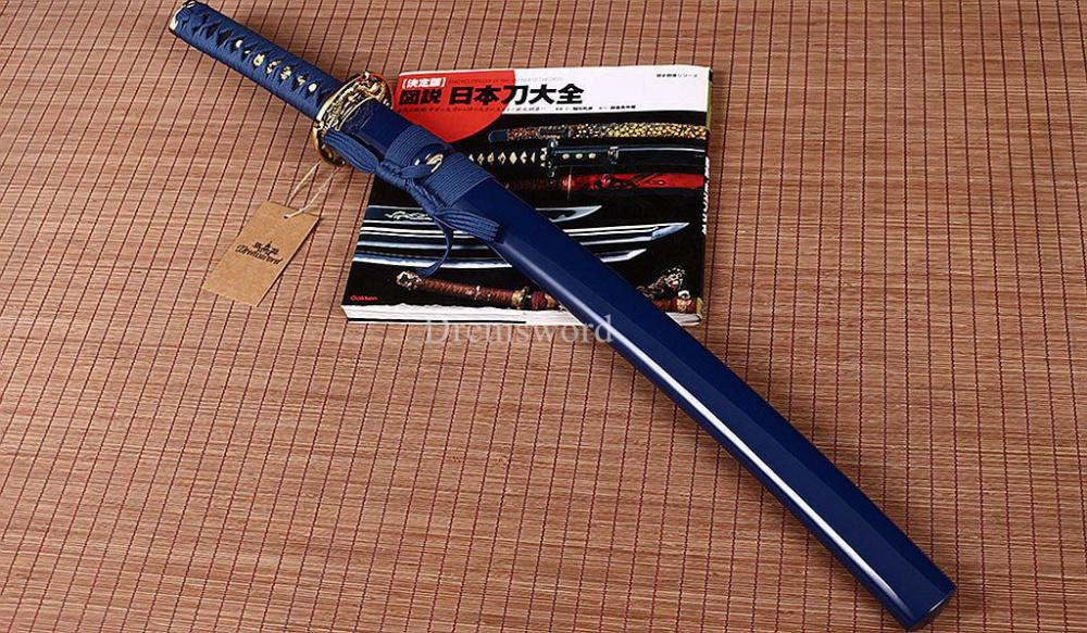 Handmade 9260 Spring Steel Wakizashi Japanese Samurai Sword Sharp Battle Ready Shinogi-Zukuri Blue