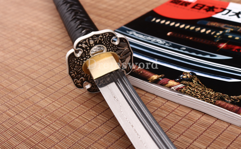 47" Damascus Folded Steel Nagamaki Japanese Samurai Katana Sword Battle Ready Shinogi Zukuri real sharp sword Black