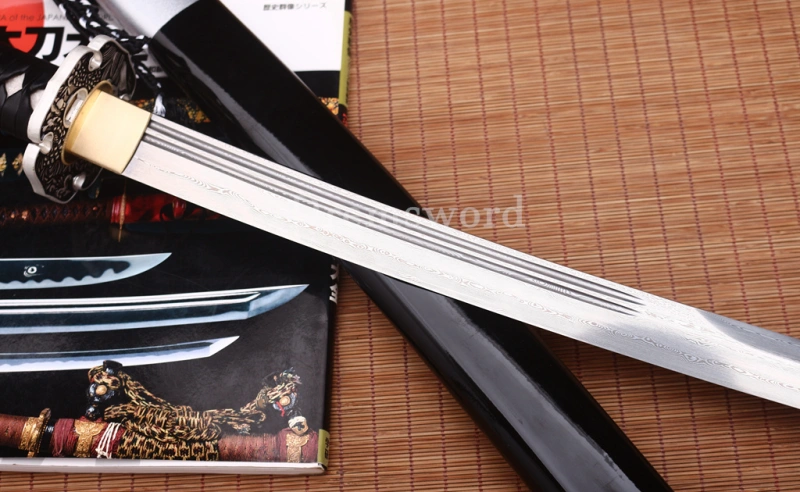 47" Damascus Folded Steel Nagamaki Japanese Samurai Katana Sword Battle Ready Shinogi Zukuri real sharp sword Black