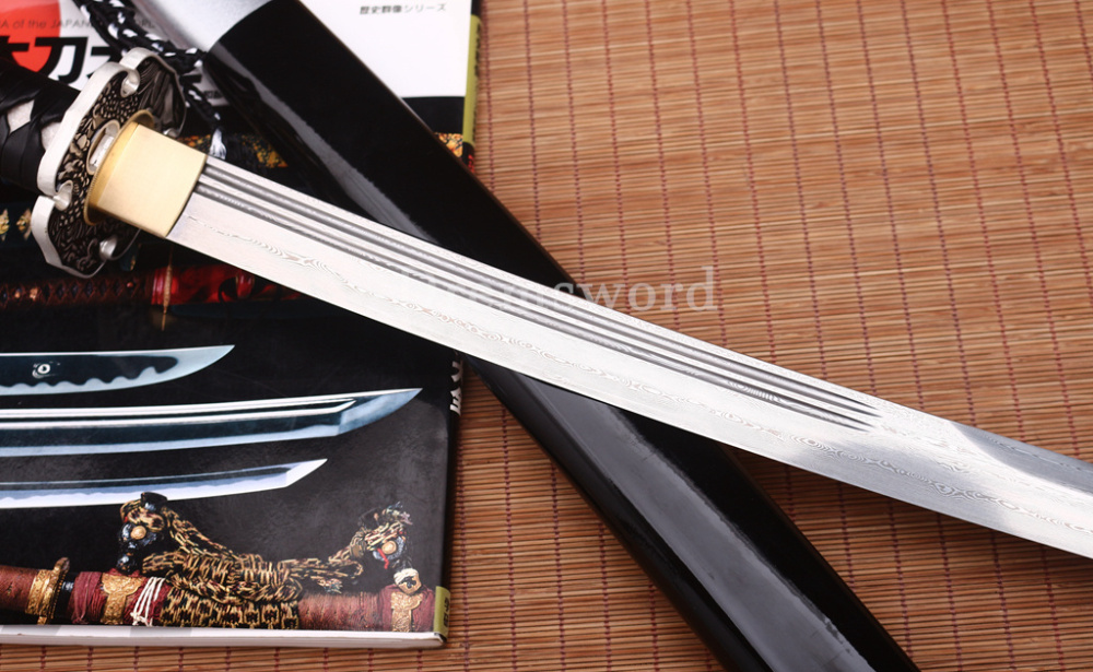 47" Damascus Folded Steel Nagamaki Japanese Samurai Katana Sword Battle Ready Shinogi Zukuri real sharp sword Black