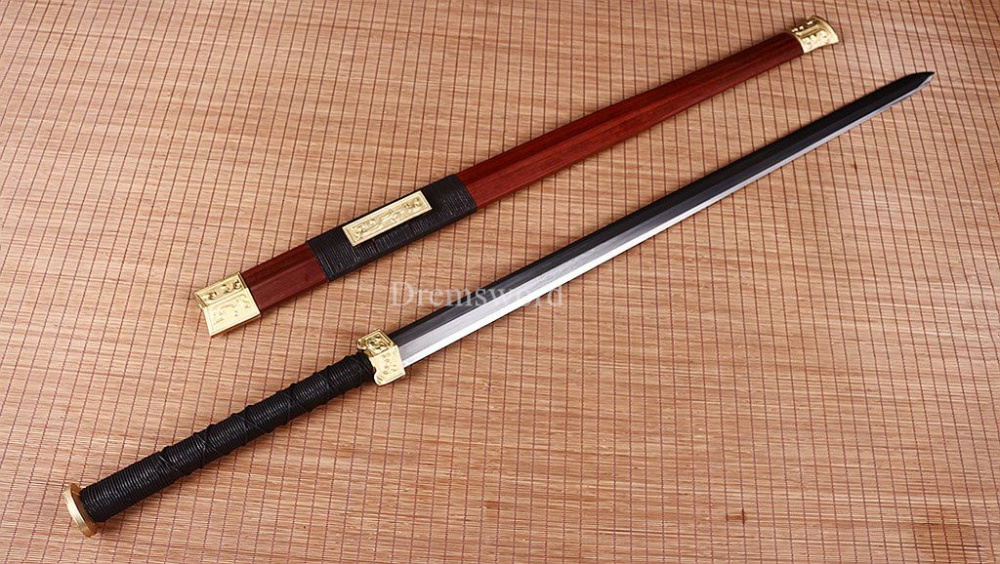 Damascus Folded Steel Han Jian Traditional Chinese Sword Handmade Rosewood Saya Ken Real Sharp Sword Red And Yellow