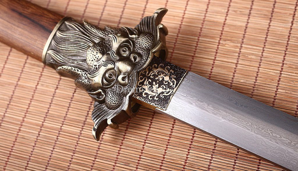 42.9 inch Tang Dao Damascus Folded Steel Handmade Real Chinese Traditional Dao Kiriha Zukuri Real Sharp Sword Brown And Yellow