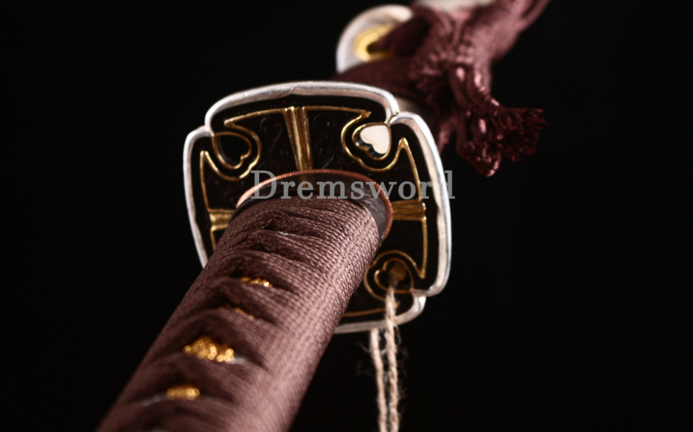 Kobuse Clay Tempered Steel Japanese Samurai Katana Sword for Battle Brass Tsuba SHINOGI-ZUKURI Brown And White