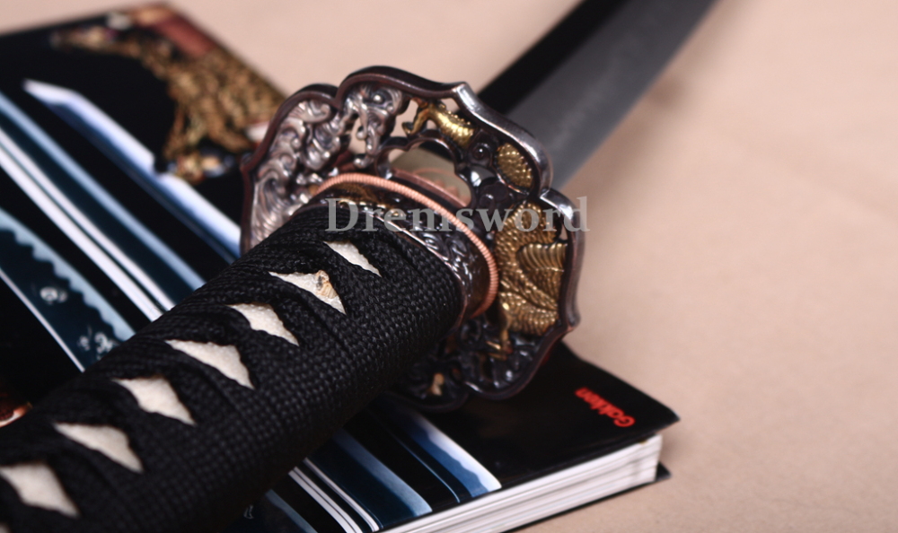 T10 Steel Clay Tempered Katana Japanese Samurai Sword Hada Polishing Choji Hamon Shinogi Zukuri Full Tang Black