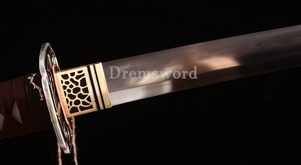 Kobuse Clay Tempered Steel Japanese Samurai Katana Sword for Battle Brass Tsuba SHINOGI-ZUKURI Brown And White