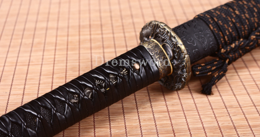 Handmade Damascus Folded Steel Katana Red Blade Japanese Samurai Sword PU Saya Shinogi Zukuri Real Sharp Sword Black