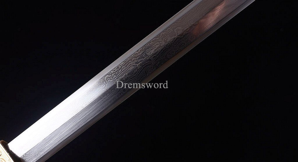 Damascus Folded Steel Han Jian Traditional Chinese Sword Handmade Rosewood Saya Ken Real Sharp Sword Red And Yellow