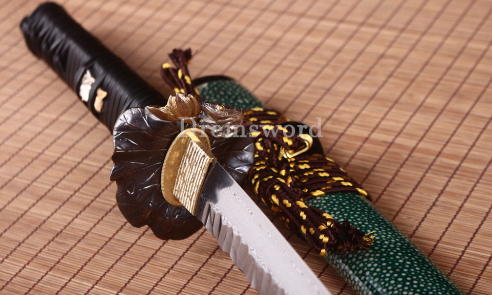 Damascus Folded Steel Katana Hammered Patter Japanese Samurai Sword Rayskin Saya Shinogi Zukuri Real Sharp Sword Green And Black