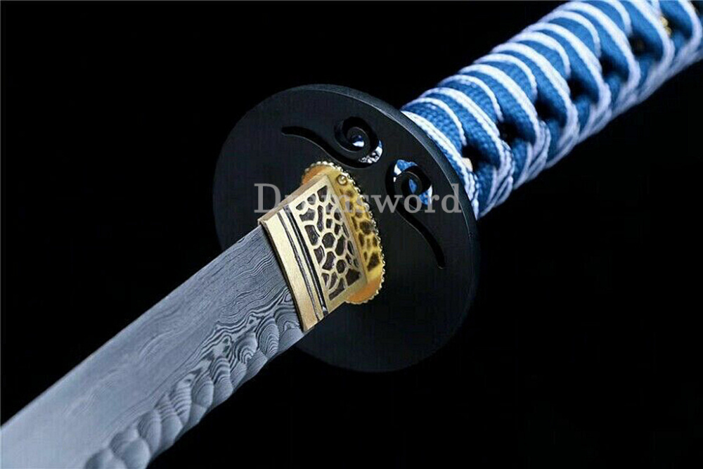Damascus Folded Steel Hand Hammering Pattern Blade Katana Japanese Samurai Sword Shinogi Zukuri Real Sharp Sword Brown