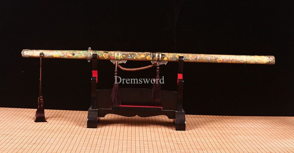 Handmade Damascus Folded Steel Tang Dao Traditional Chinese Sword Battle Ready Kiriha Zukuri Real Sharp Sword Brown And Yellow