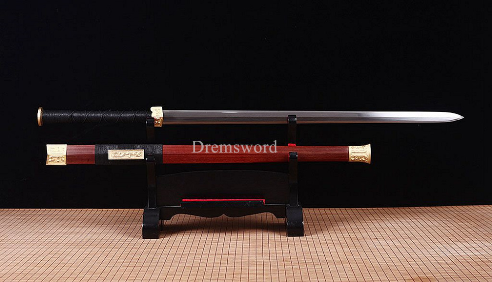 Damascus Folded Steel Han Jian Traditional Chinese Sword Handmade Rosewood Saya Ken Real Sharp Sword Red And Yellow