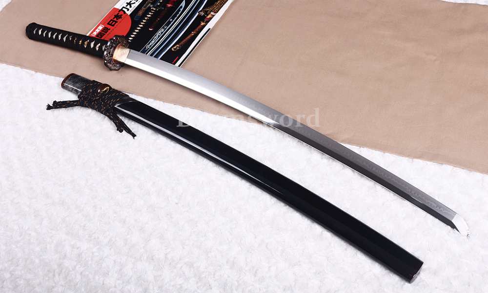 T10 Steel Clay Tempered Katana Japanese Samurai Sword Hada Polishing Choji Hamon Shinogi Zukuri Full Tang Black