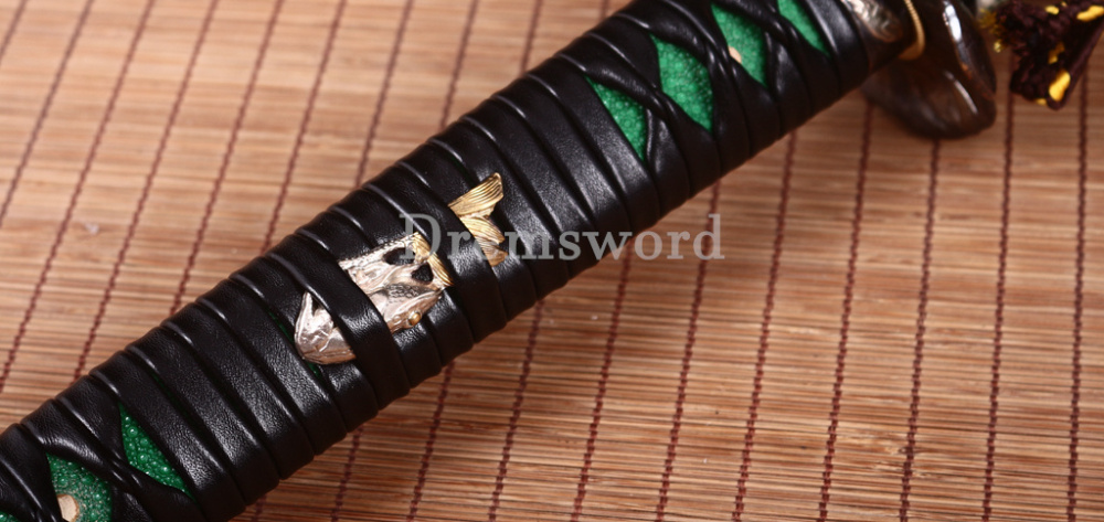Damascus Folded Steel Katana Hammered Patter Japanese Samurai Sword Rayskin Saya Shinogi Zukuri Real Sharp Sword Green And Black