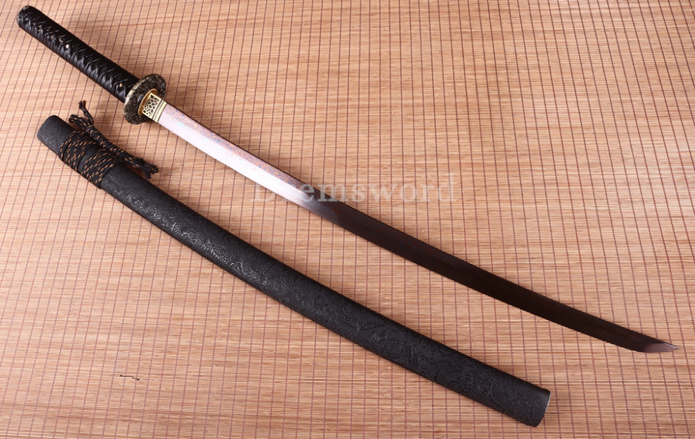 Handmade Damascus Folded Steel Katana Red Blade Japanese Samurai Sword PU Saya Shinogi Zukuri Real Sharp Sword Black
