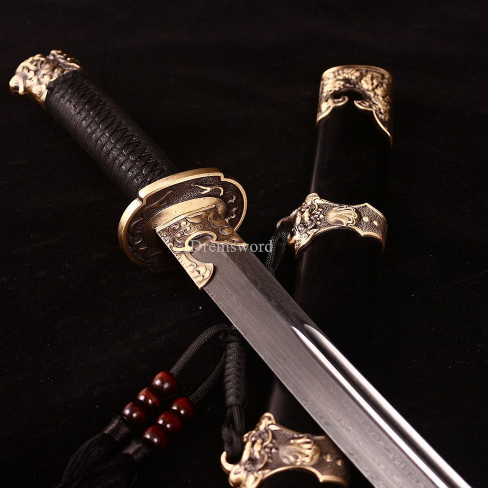 Damascus Folded Steel Chinese Traditional Qing Dao Sharp O-Kiassaki Ebony Saya UNOKUBI-ZUKURI Black