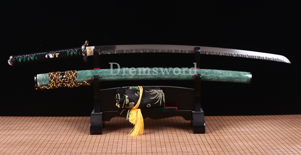 Damascus Folded Steel Katana Hammered Patter Japanese Samurai Sword Rayskin Saya Shinogi Zukuri Real Sharp Sword Green And Black