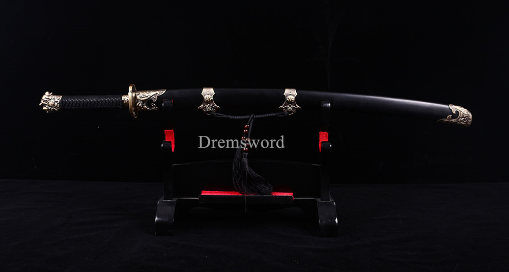 Damascus Folded Steel Chinese Traditional Qing Dao Sharp O-Kiassaki Ebony Saya UNOKUBI-ZUKURI Black