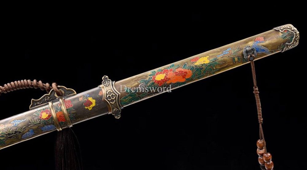 Handmade Damascus Folded Steel Tang Dao Traditional Chinese Sword Battle Ready Kiriha Zukuri Real Sharp Sword Brown And Yellow
