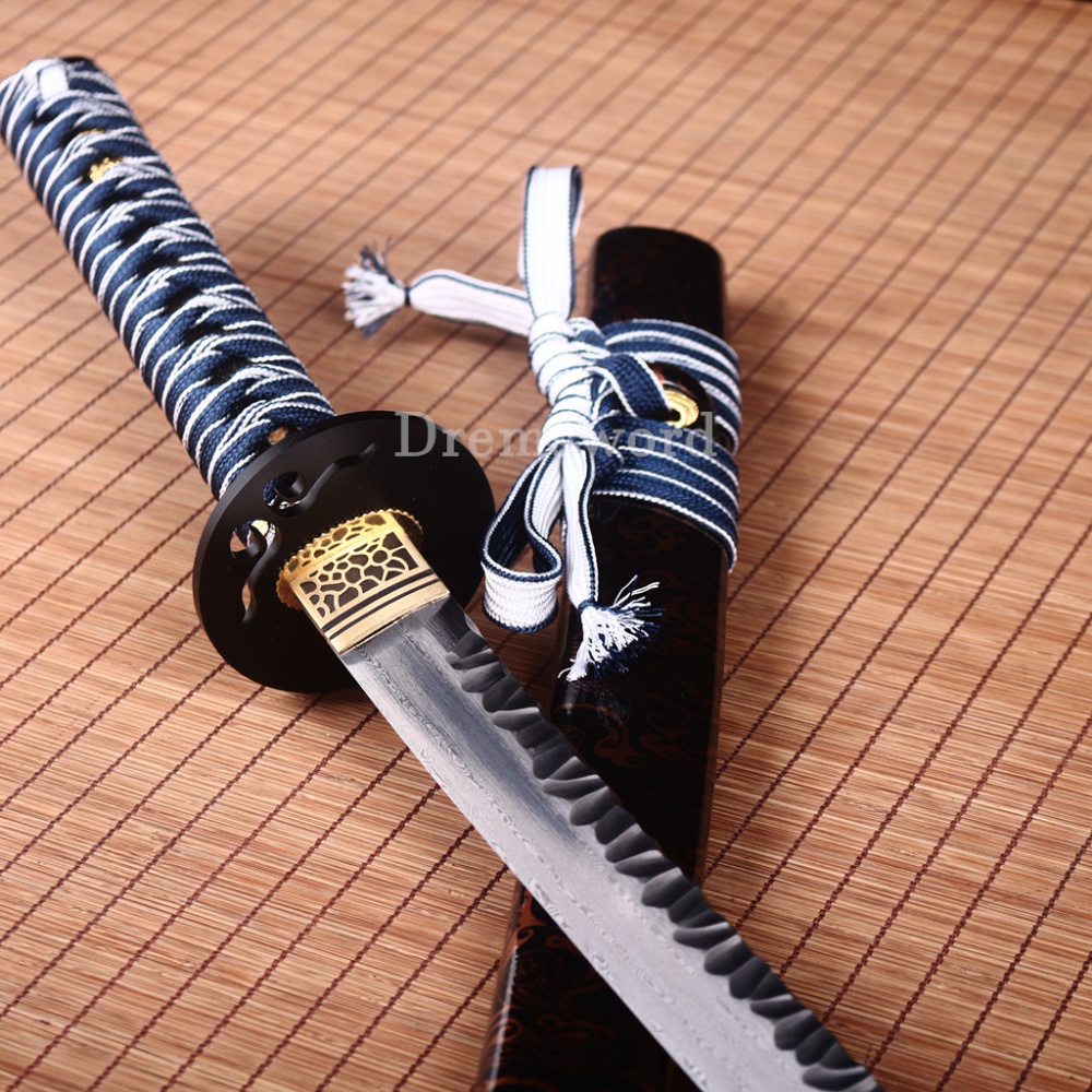 Damascus Folded Steel Hand Hammering Pattern Blade Katana Japanese Samurai Sword Shinogi Zukuri Real Sharp Sword Brown