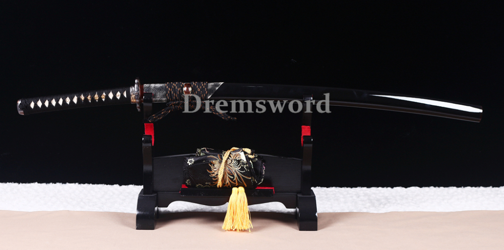 T10 Steel Clay Tempered Katana Japanese Samurai Sword Hada Polishing Choji Hamon Shinogi Zukuri Full Tang Black