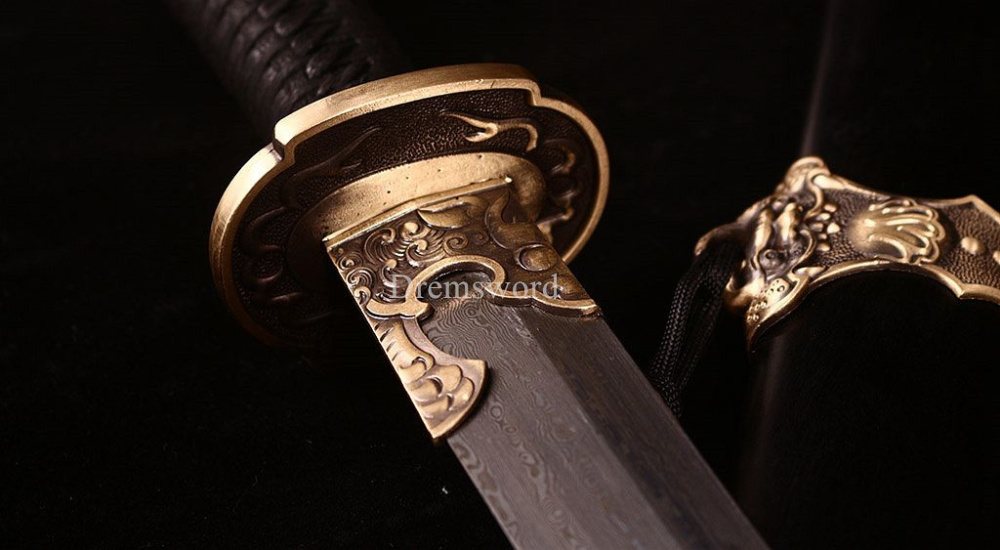 Damascus Folded Steel Chinese Traditional Qing Dao Sharp O-Kiassaki Ebony Saya UNOKUBI-ZUKURI Black