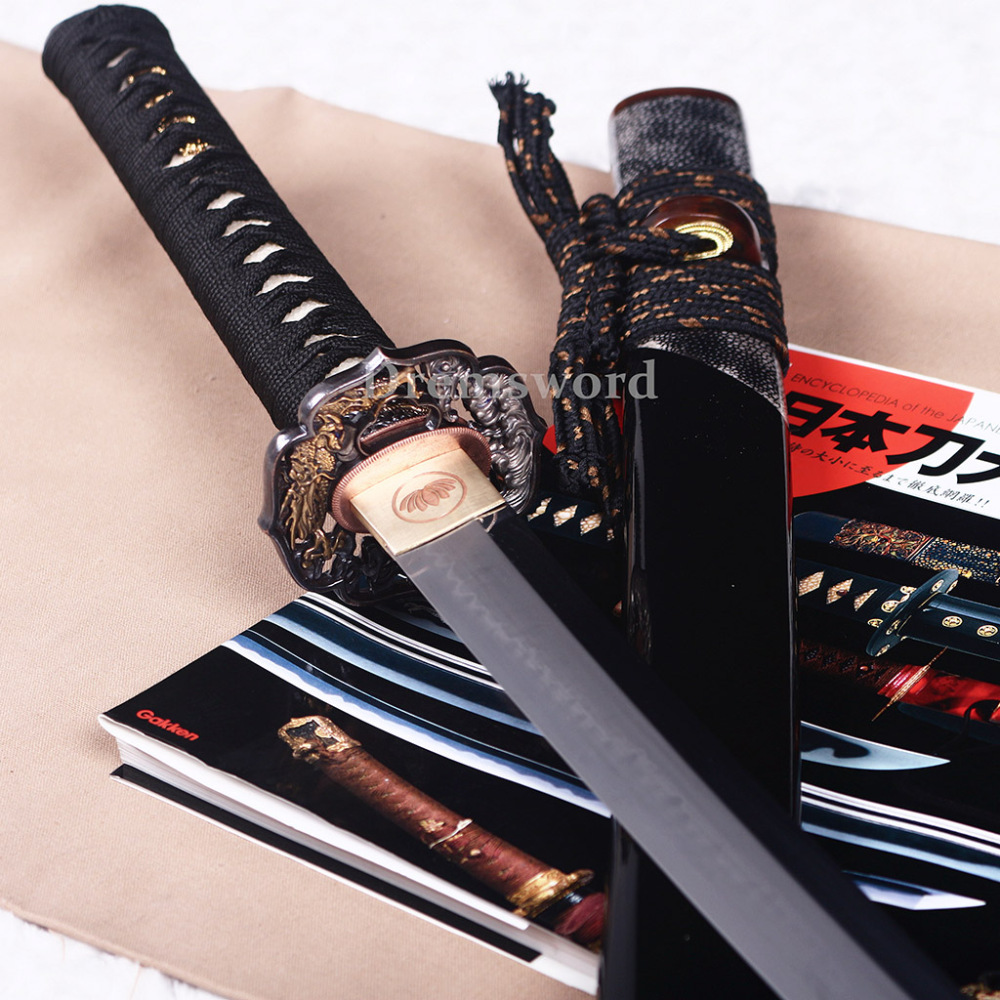 T10 Steel Clay Tempered Katana Japanese Samurai Sword Hada Polishing Choji Hamon Shinogi Zukuri Full Tang Black