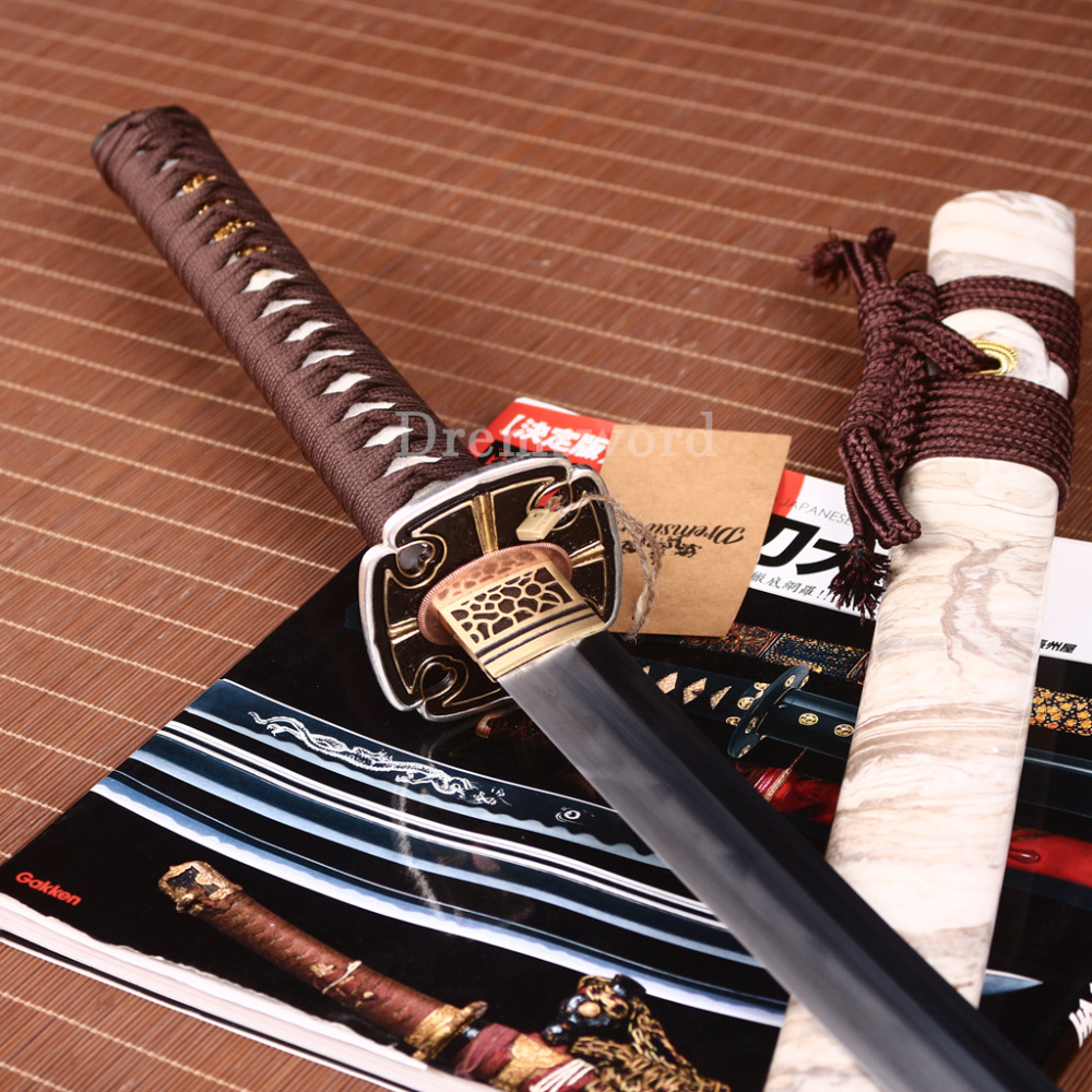 Kobuse Clay Tempered Steel Japanese Samurai Katana Sword for Battle Brass Tsuba SHINOGI-ZUKURI Brown And White