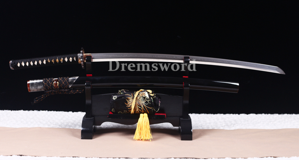 T10 Steel Clay Tempered Katana Japanese Samurai Sword Hada Polishing Choji Hamon Shinogi Zukuri Full Tang Black