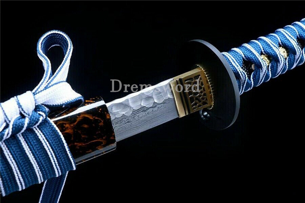 Damascus Folded Steel Hand Hammering Pattern Blade Katana Japanese Samurai Sword Shinogi Zukuri Real Sharp Sword Brown