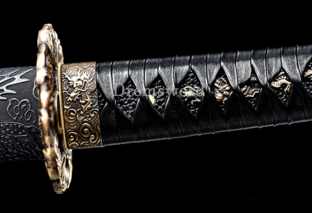 Handmade Damascus Folded Steel Katana Red Blade Japanese Samurai Sword PU Saya Shinogi Zukuri Real Sharp Sword Black