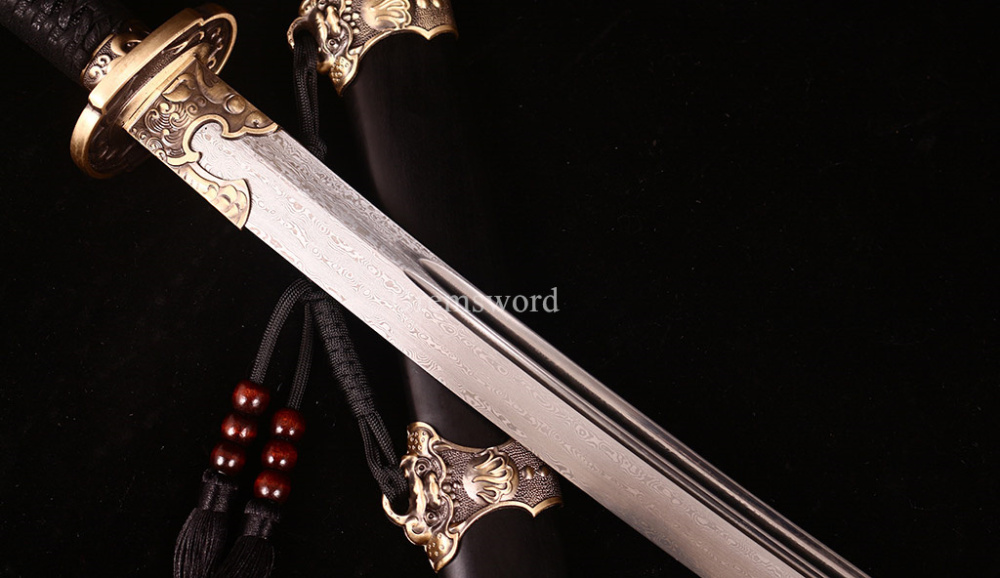 Damascus Folded Steel Chinese Traditional Qing Dao Sharp O-Kiassaki Ebony Saya UNOKUBI-ZUKURI Black