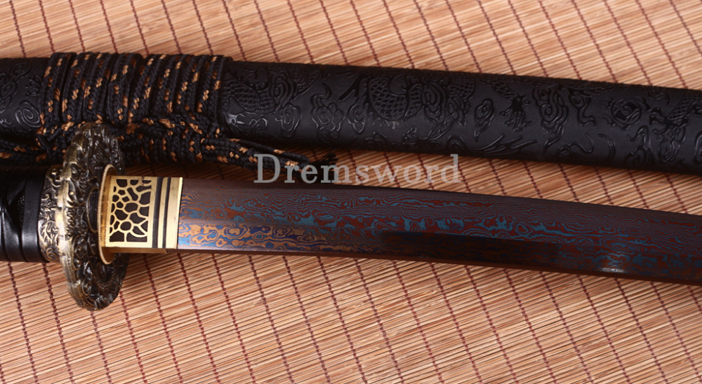 Handmade Damascus Folded Steel Katana Red Blade Japanese Samurai Sword PU Saya Shinogi Zukuri Real Sharp Sword Black