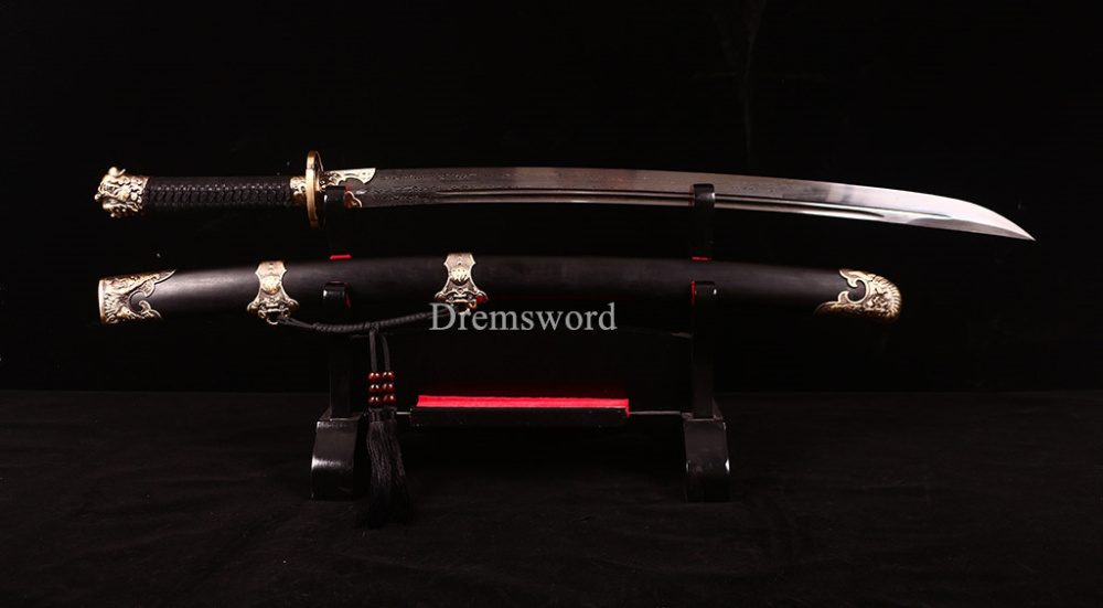 Damascus Folded Steel Chinese Traditional Qing Dao Sharp O-Kiassaki Ebony Saya UNOKUBI-ZUKURI Black
