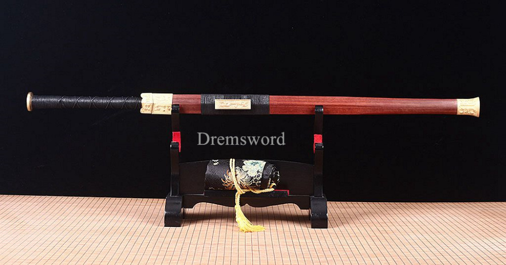 Damascus Folded Steel Han Jian Traditional Chinese Sword Handmade Rosewood Saya Ken Real Sharp Sword Red And Yellow