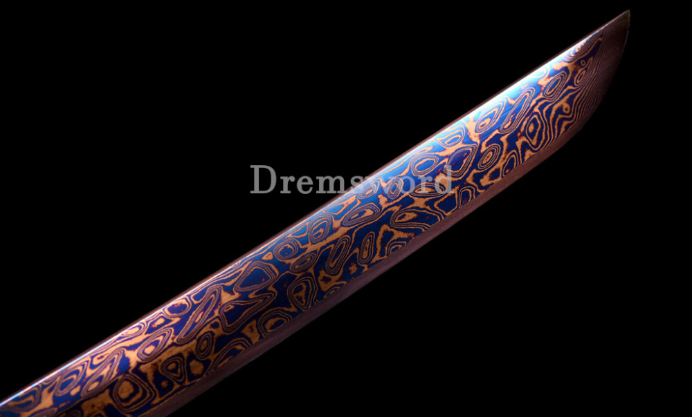 Handmade Damascus Folded Steel Katana Red Blade Japanese Samurai Sword PU Saya Shinogi Zukuri Real Sharp Sword Black