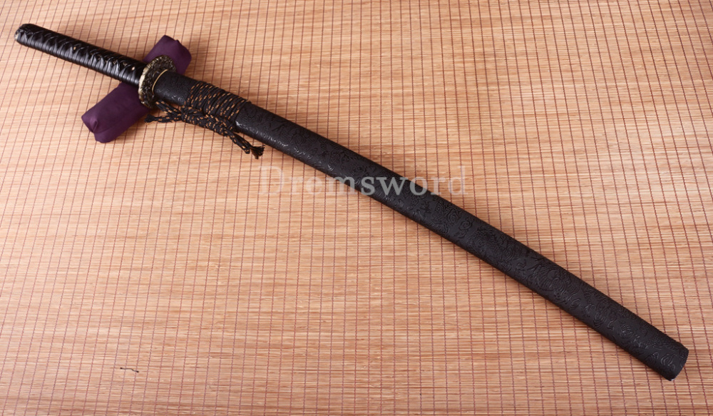 Handmade Damascus Folded Steel Katana Red Blade Japanese Samurai Sword PU Saya Shinogi Zukuri Real Sharp Sword Black