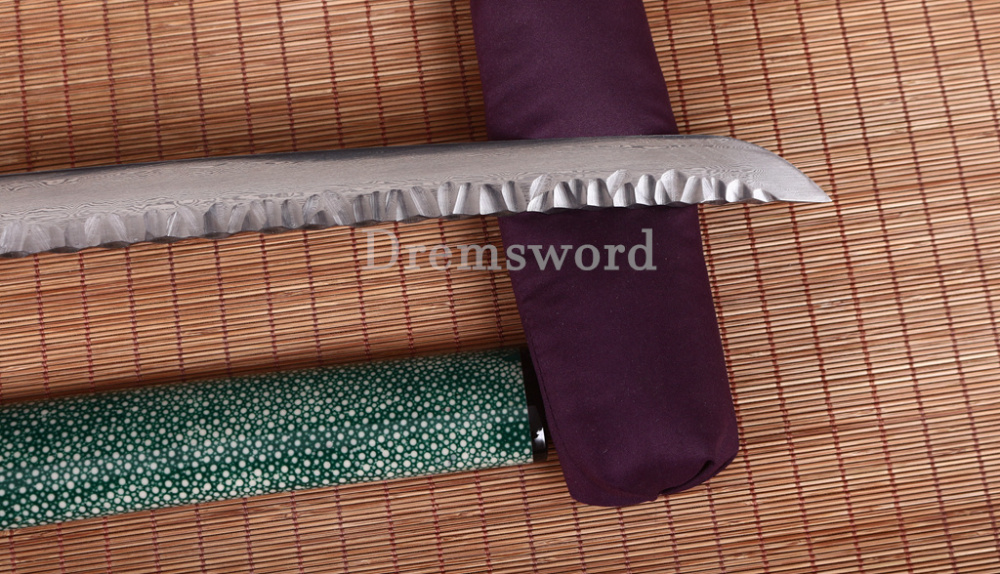 Damascus Folded Steel Katana Hammered Patter Japanese Samurai Sword Rayskin Saya Shinogi Zukuri Real Sharp Sword Green And Black