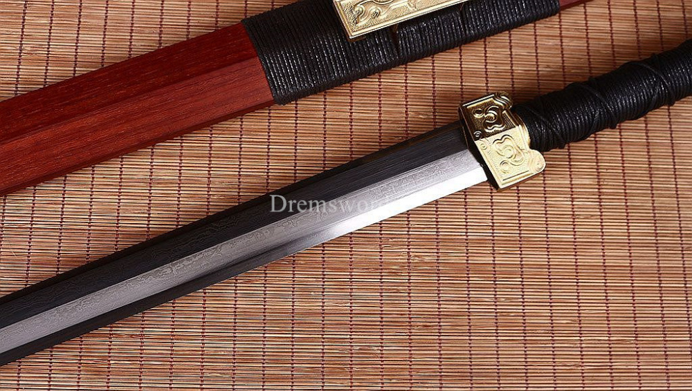 Damascus Folded Steel Han Jian Traditional Chinese Sword Handmade Rosewood Saya Ken Real Sharp Sword Red And Yellow