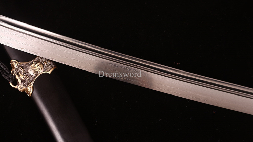 Damascus Folded Steel Chinese Traditional Qing Dao Sharp O-Kiassaki Ebony Saya UNOKUBI-ZUKURI Black