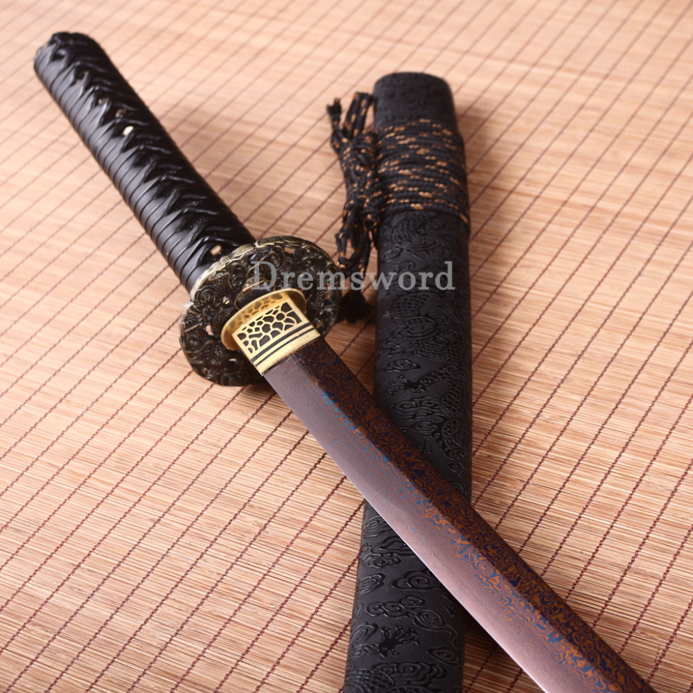 Handmade Damascus Folded Steel Katana Red Blade Japanese Samurai Sword PU Saya Shinogi Zukuri Real Sharp Sword Black