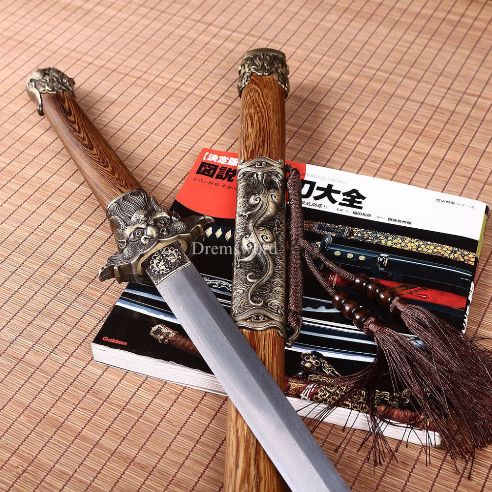 42.9 inch Tang Dao Damascus Folded Steel Handmade Real Chinese Traditional Dao Kiriha Zukuri Real Sharp Sword Brown And Yellow