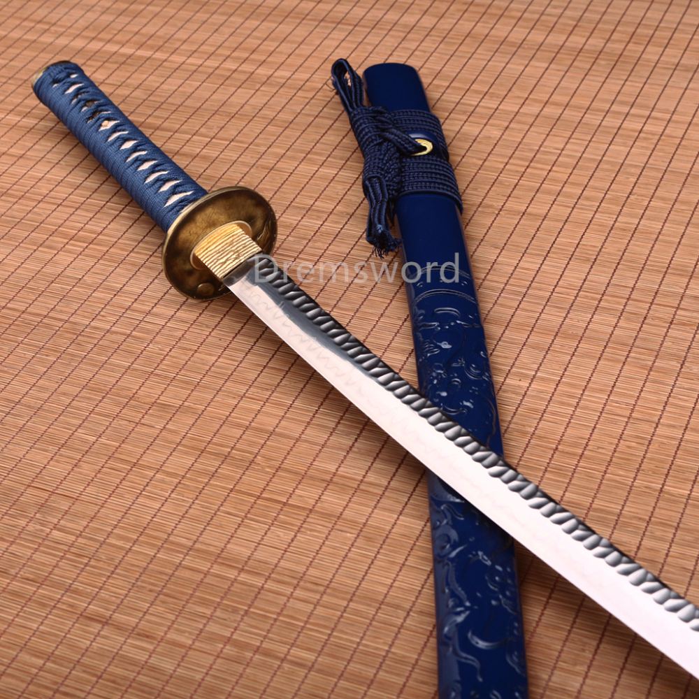 T10 Clay Tempered Katana Japanese Samurai Sharp Sword Hammering Pattern Blue Shinogi Zukuri Full Tang Blue