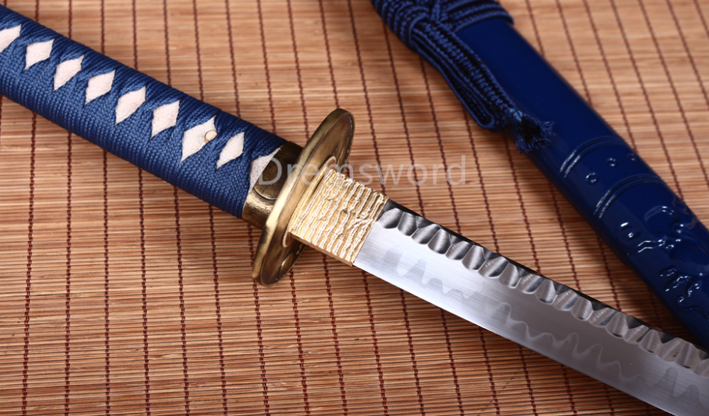 T10 Clay Tempered Katana Japanese Samurai Sharp Sword Hammering Pattern Blue Shinogi Zukuri Full Tang Blue