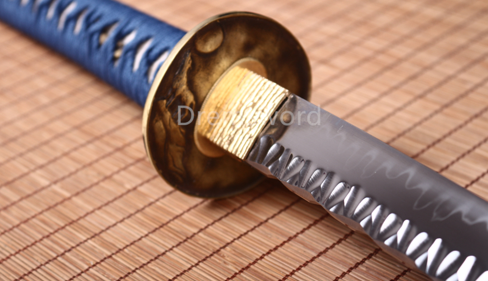 T10 Clay Tempered Katana Japanese Samurai Sharp Sword Hammering Pattern Blue Shinogi Zukuri Full Tang Blue