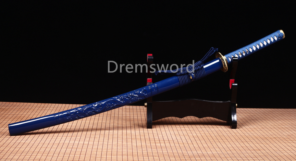 T10 Clay Tempered Katana Japanese Samurai Sharp Sword Hammering Pattern Blue Shinogi Zukuri Full Tang Blue