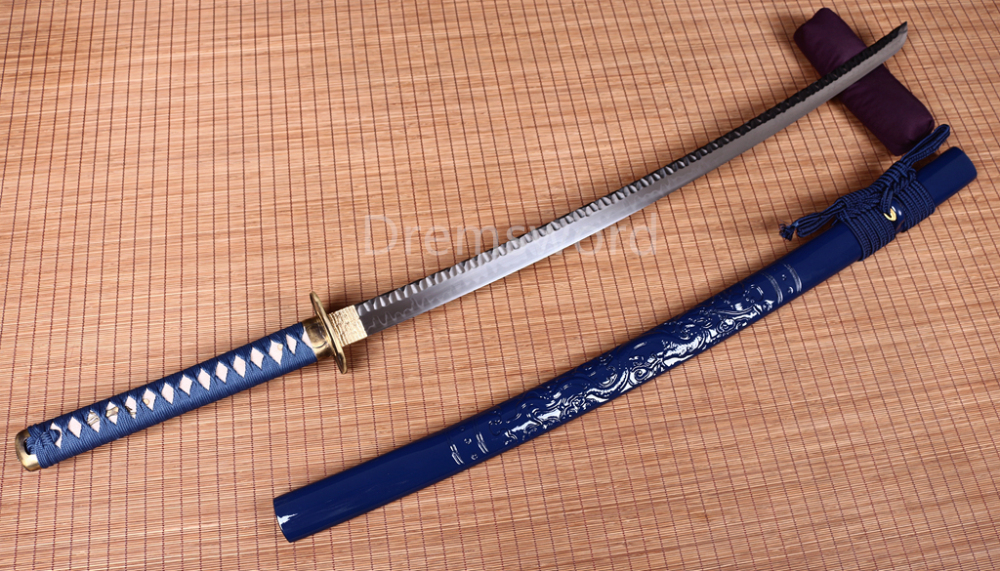 T10 Clay Tempered Katana Japanese Samurai Sharp Sword Hammering Pattern Blue Shinogi Zukuri Full Tang Blue