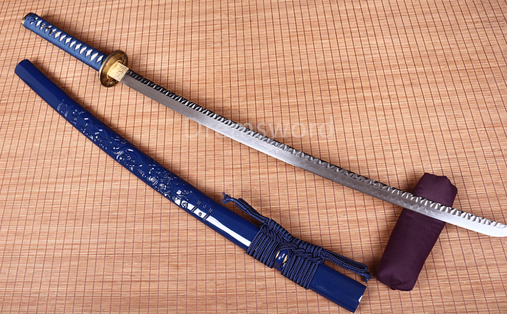 T10 Clay Tempered Katana Japanese Samurai Sharp Sword Hammering Pattern Blue Shinogi Zukuri Full Tang Blue